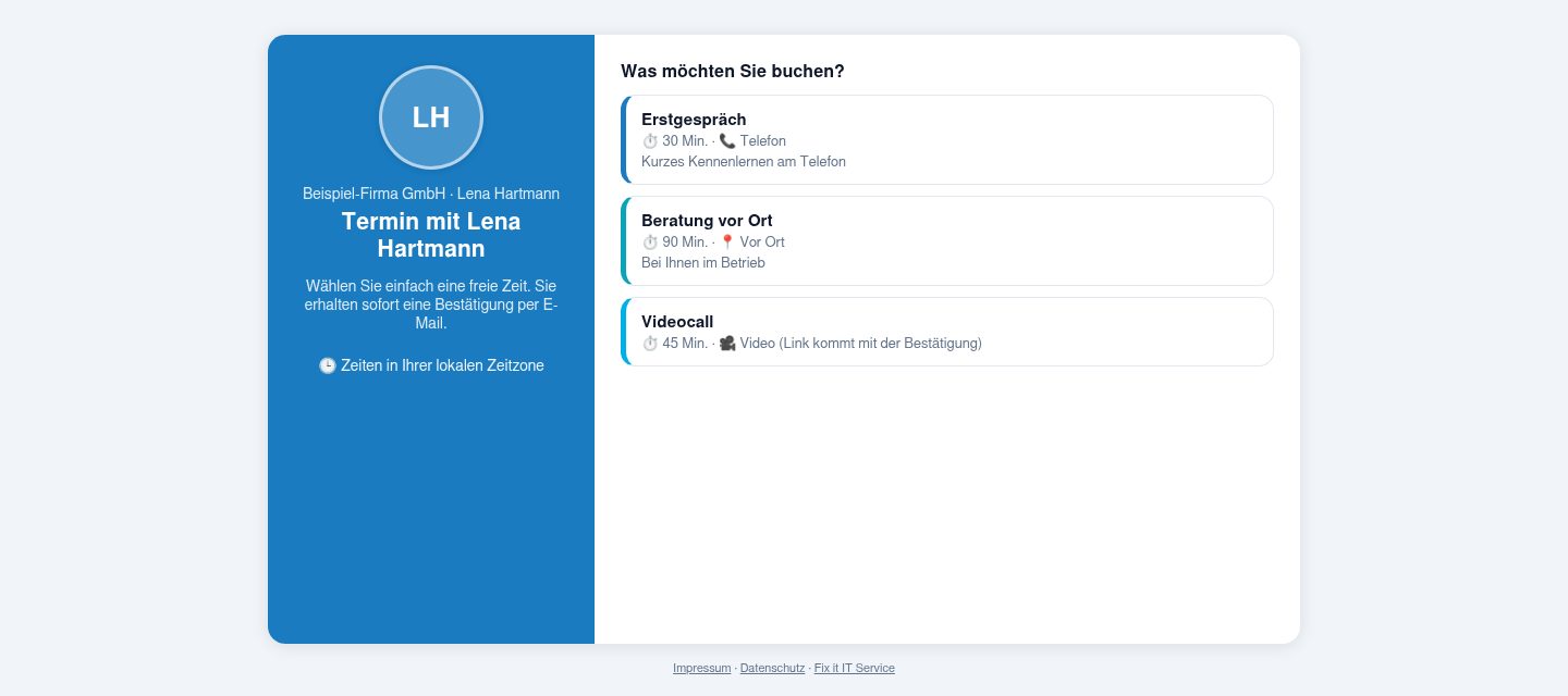 Öffentliche Buchungsseite im Layout Panel mit farbiger Seitenleiste, Firmenname und drei Terminarten: Erstgespräch, Beratung vor Ort, Videocall