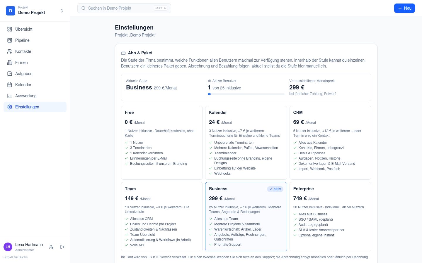 CRM Einstellungen: Abo und Paket mit den Stufen Free, Kalender, CRM, Team, Business und Enterprise, aktive Benutzer und voraussichtlicher Monatspreis