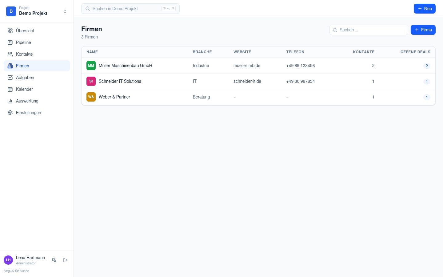 CRM Firmenliste mit Branche, Website, Anzahl Kontakte und offenen Deals