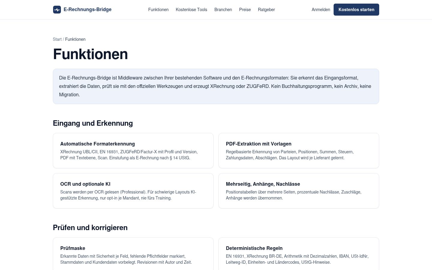 Funktionsseite der E-Rechnungs-Bridge: Eingang und Erkennung, Prüfen und korrigieren, Erzeugen und ausliefern