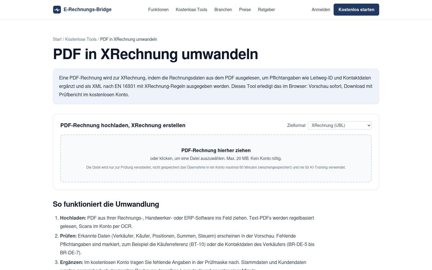 Werkzeug PDF in XRechnung umwandeln mit Upload-Feld und Erklärung der Umwandlung