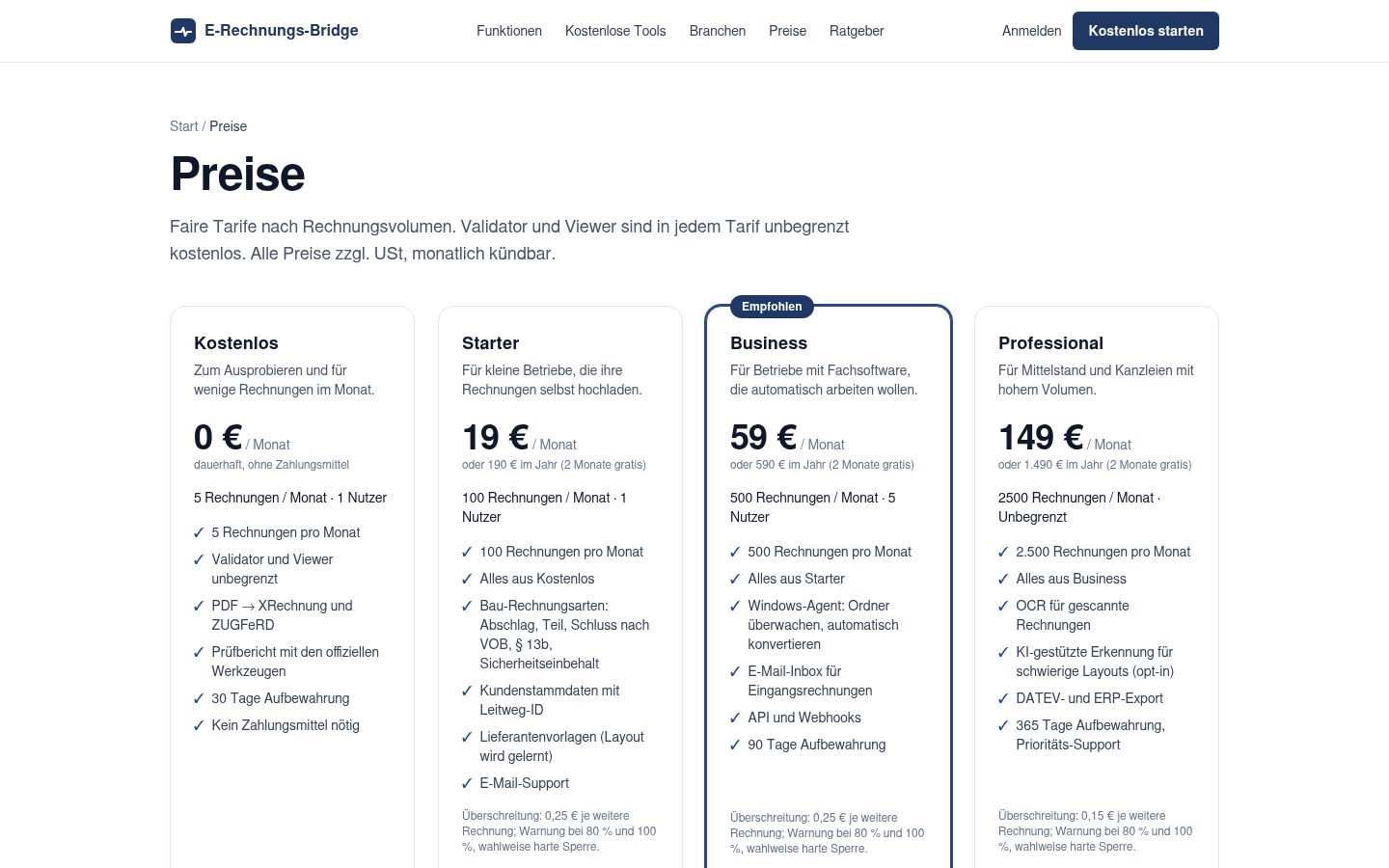 Preisseite der E-Rechnungs-Bridge mit den Tarifen Kostenlos, Starter, Business und Professional