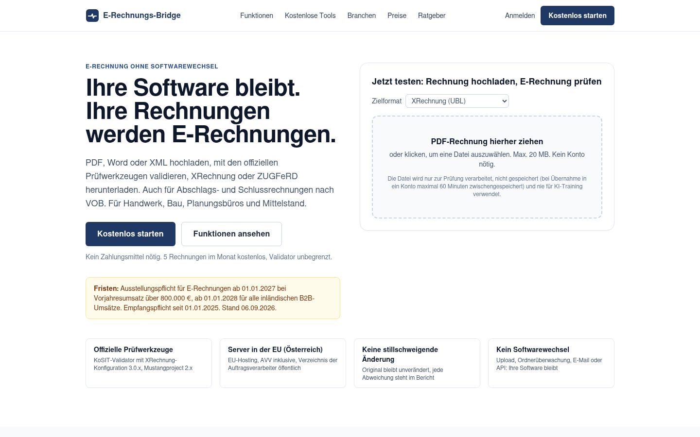 Startseite der E-Rechnungs-Bridge mit Upload-Feld: PDF-Rechnung hierher ziehen, Zielformat XRechnung UBL, CII oder ZUGFeRD