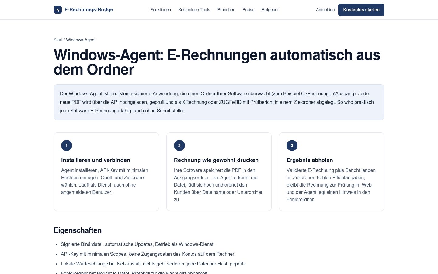 Windows-Agent der E-Rechnungs-Bridge: Ordner überwachen, automatisch konvertieren, Ergebnis abholen